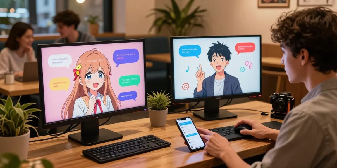 Engaging AI ecchi chat scene with colorful characters in a cozy digital cafe environment.