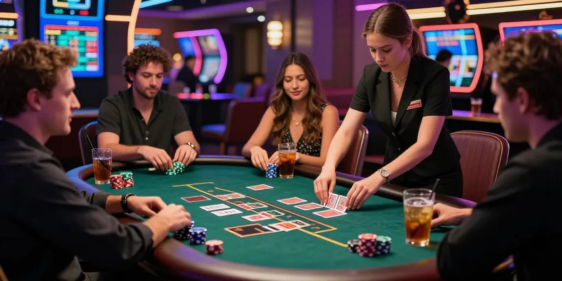 Exciting gaming scene at https://red88m7.com with players engaged at a blackjack table in a modern casino.