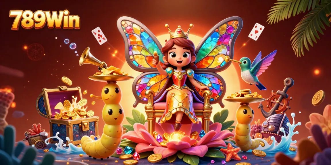 Engage with 789Win's vibrant online gaming experience featuring a butterfly queen and casino elements.