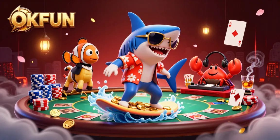 Engage in thrilling gaming adventures at OKFUN with vibrant characters, poker elements, and exciting casino ambiance.