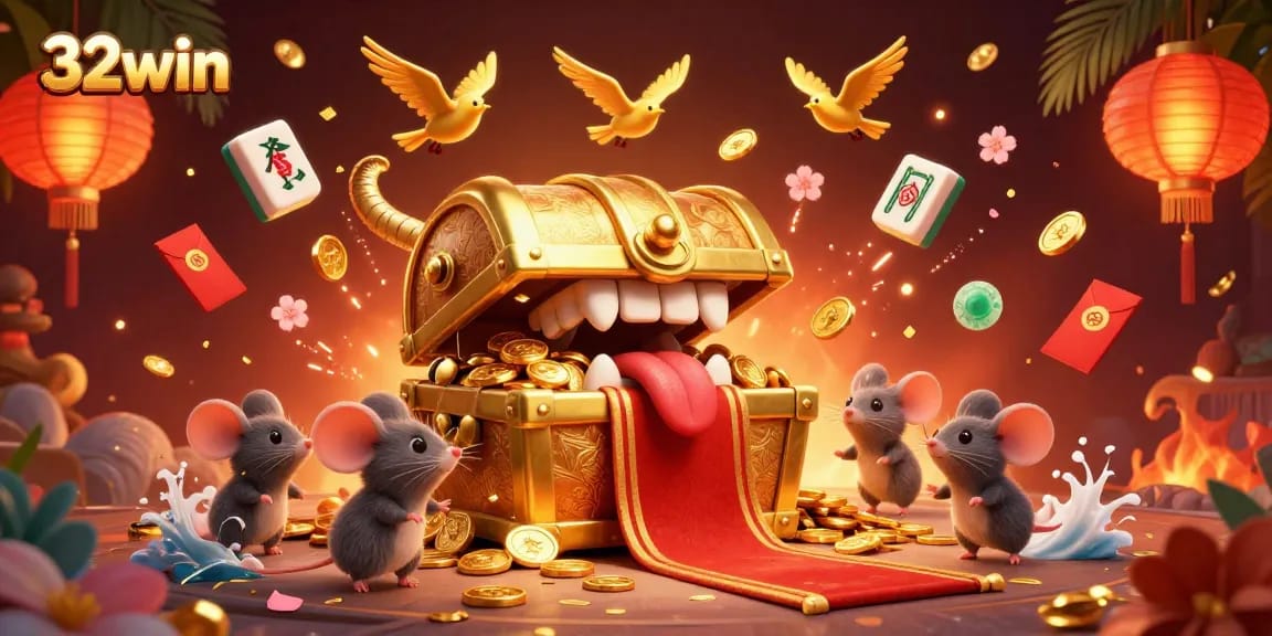 Experience the thrilling action at 32win with a vibrant and dynamic casino scene featuring treasure motifs and gaming elements.