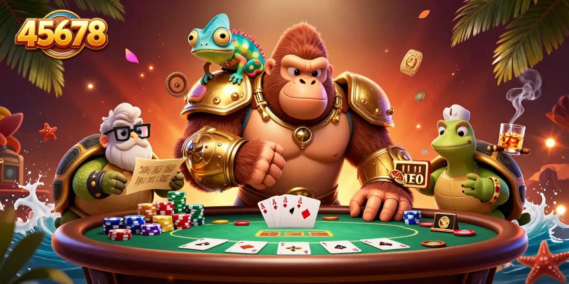 Engaging illustration of gorilla king and chameleon spy at 45678 casino, highlighting poker action.