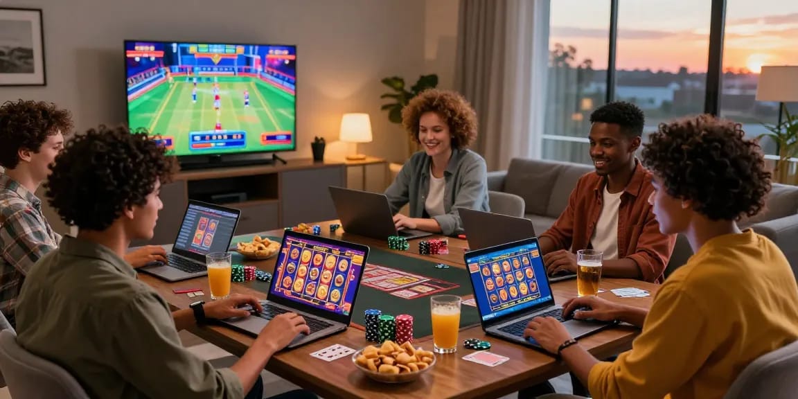 Friends enjoying online gaming experience at https://troyuk.co.uk in a cozy setting, full of excitement and entertainment.