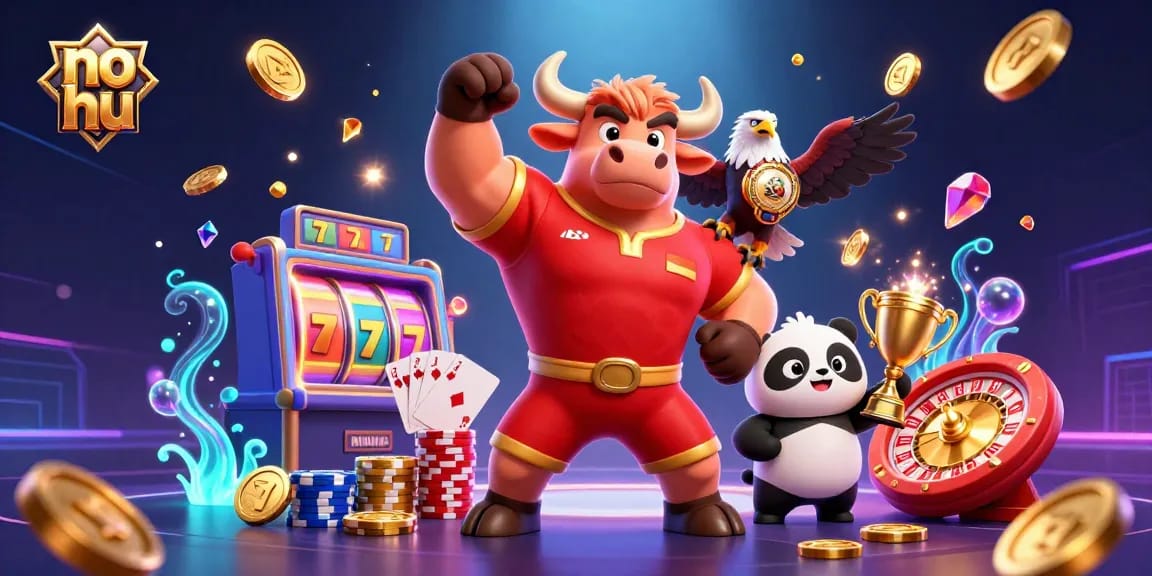 Spin and win with no hu as a bull mascot celebrates amidst cascading coins and vibrant gaming elements.