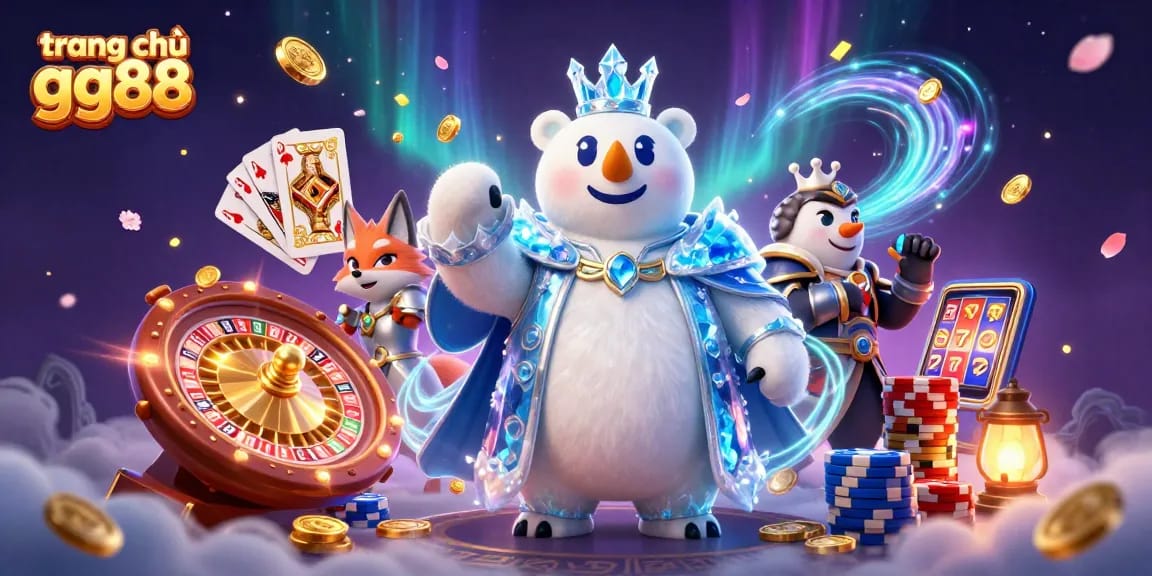 Experience the excitement at trang chủ gg88 with a dynamic casino scene featuring a polar bear king and snow fox.