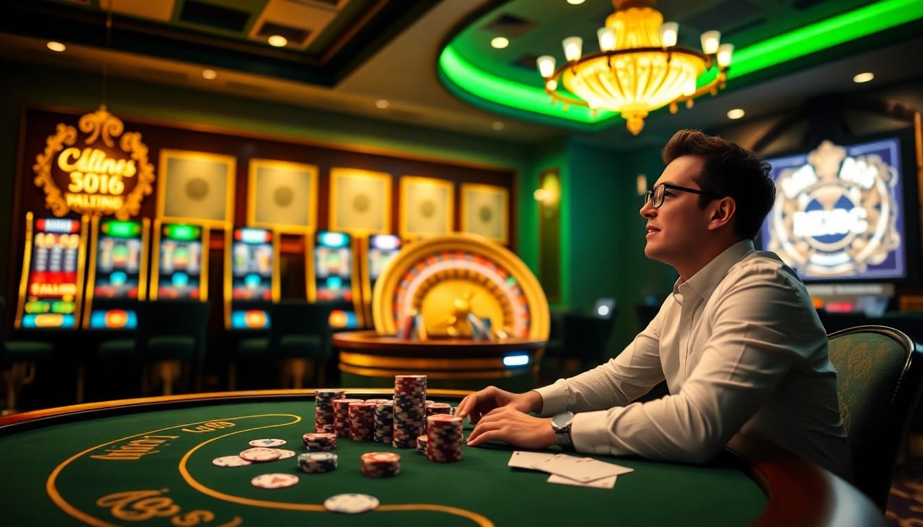 Experience the excitement of new88 with a luxury casino scene featuring a poker table, slot machines, and more.