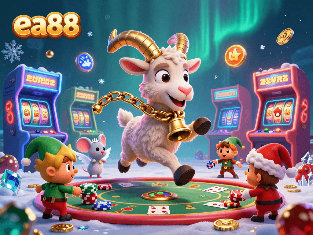 Engage with the festive casino scene featuring ea88 elements like slot machines and poker tables.