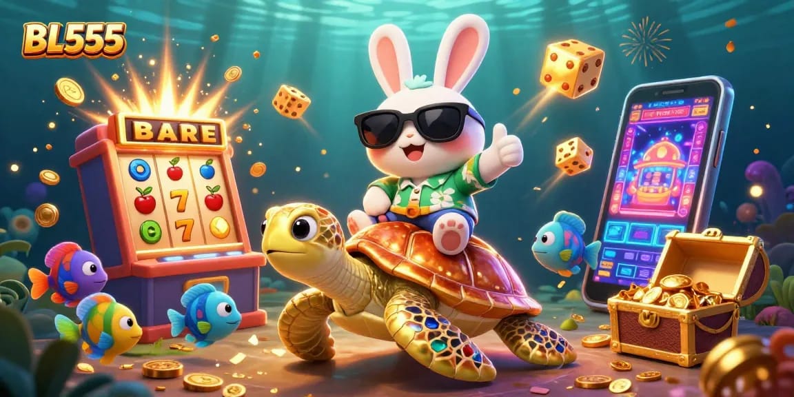 Experience the excitement of BL555 with a lucky rabbit on a golden turtle amidst a jackpot explosion.