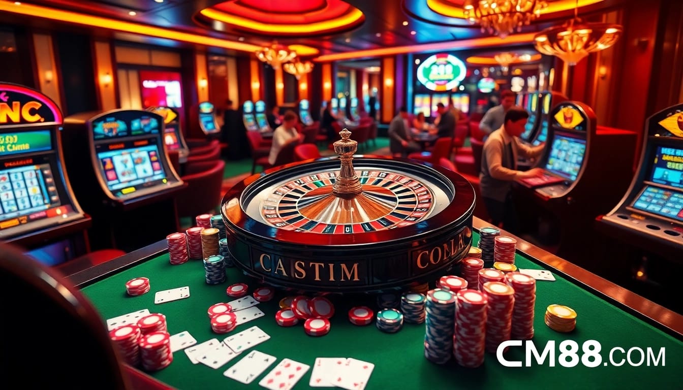 Experience the thrill of CM88 COM with a vibrant casino scene showcasing roulette, poker chips, and slot machines.