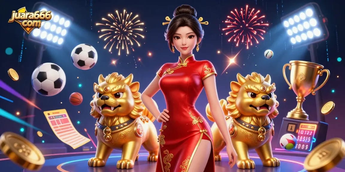 Taruhan di juara666 com dengan semangat, menampilkan wanita Asia yang glamor dan penjaga foo dog emas.