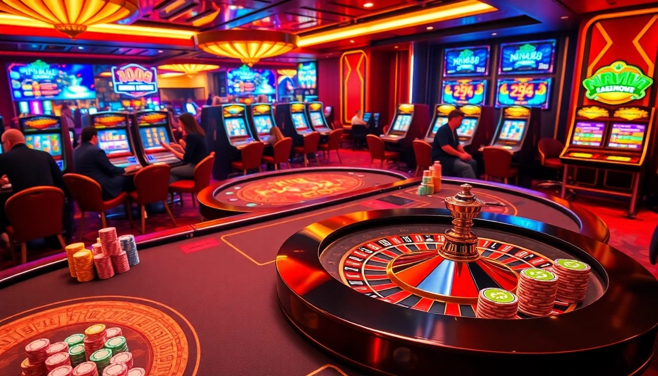 Experience nk88's vibrant casino with players at roulette and poker tables, surrounded by colorful chips and bright slot machines.