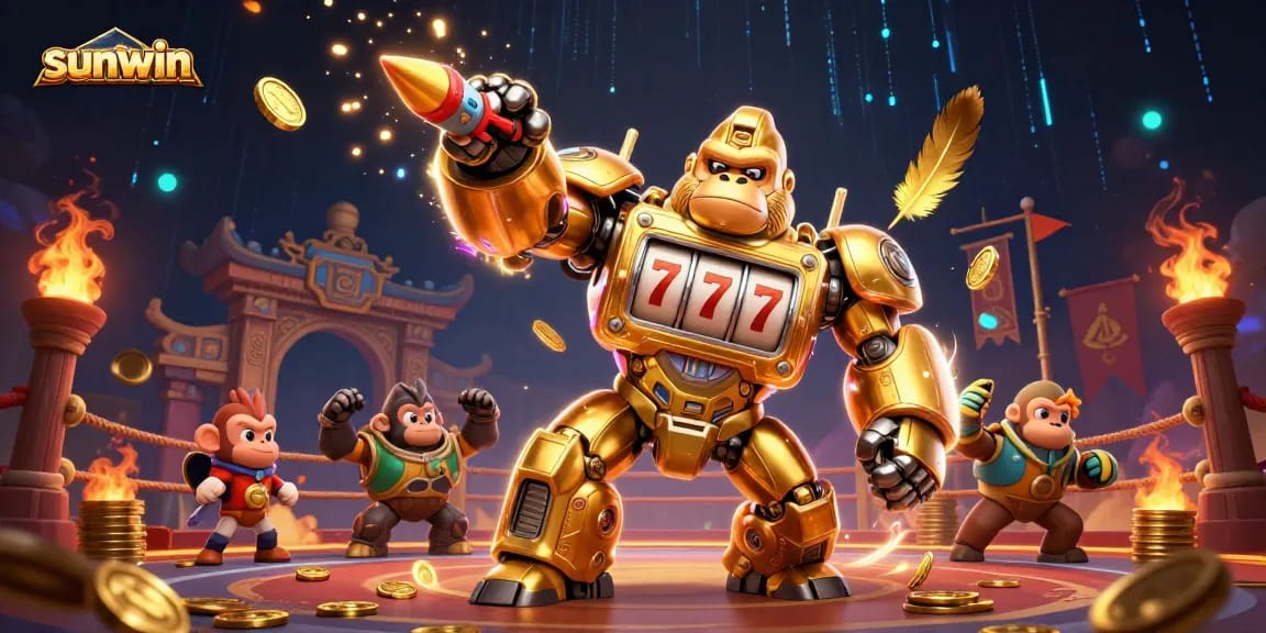 Engage with sunwin's vibrant casino universe featuring a dynamic golden gorilla mech amidst exciting gaming elements.