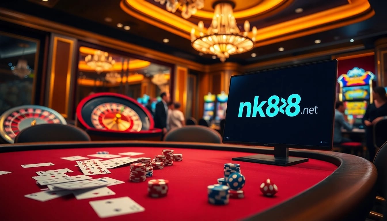 Thrilling gameplay at nk88 net with poker chips and roulette wheels in a luxurious casino atmosphere.