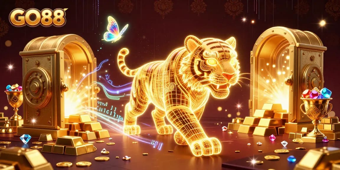 Experience the thrill of GO88 with a stunning digital casino landscape illustration featuring a golden tiger and riches.