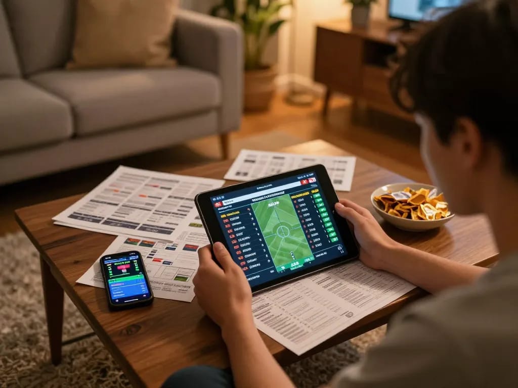 Sitting comfortably at home, using a tablet for soi kèo trực tuyến with live betting odds and sports details.