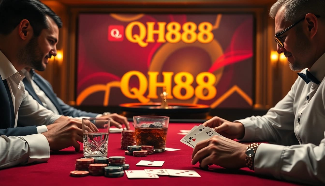 Engaged players at a QH88 poker table, showcasing high-stakes gambling excitement.