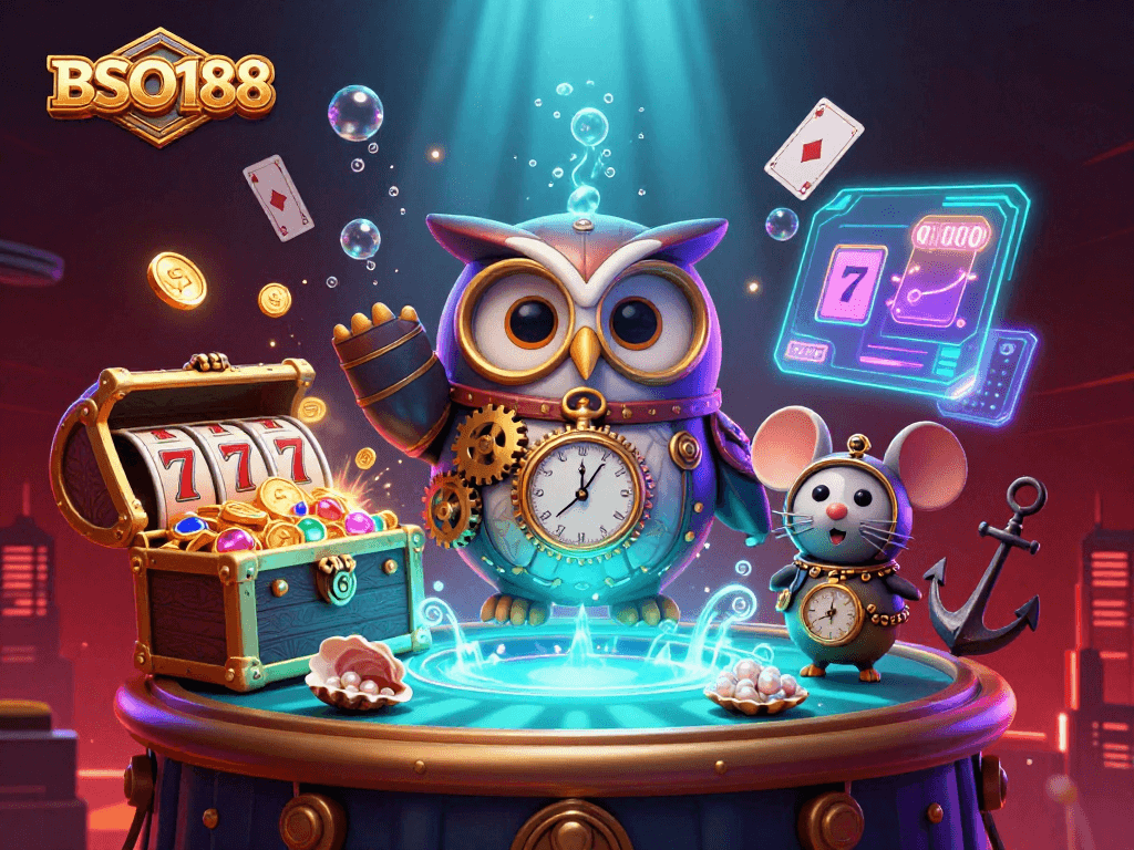 Engage with BSO188's thrilling casino scene featuring a time-traveling owl and steampunk elements.