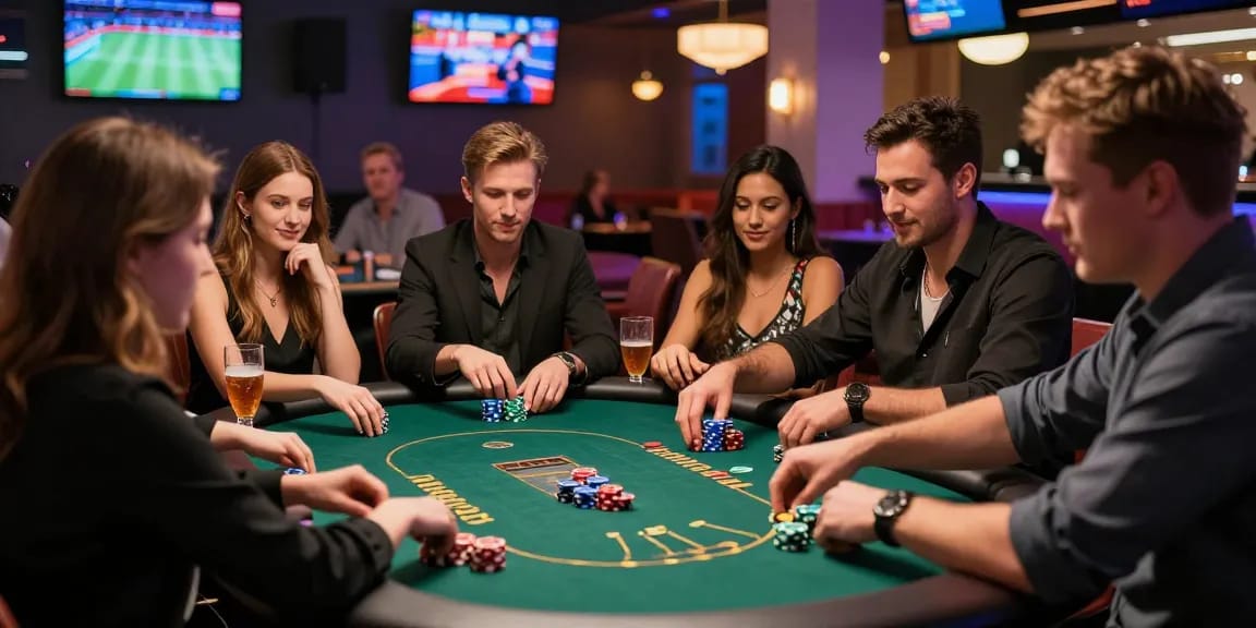 Exciting casino scene at https://da88m7.com with friends celebrating a poker game, vibrant atmosphere and lively setting.