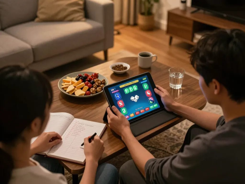 Engaged player enjoying Tai Xiu online session on tablet in a cozy home setting, illustrating strategic gambling.