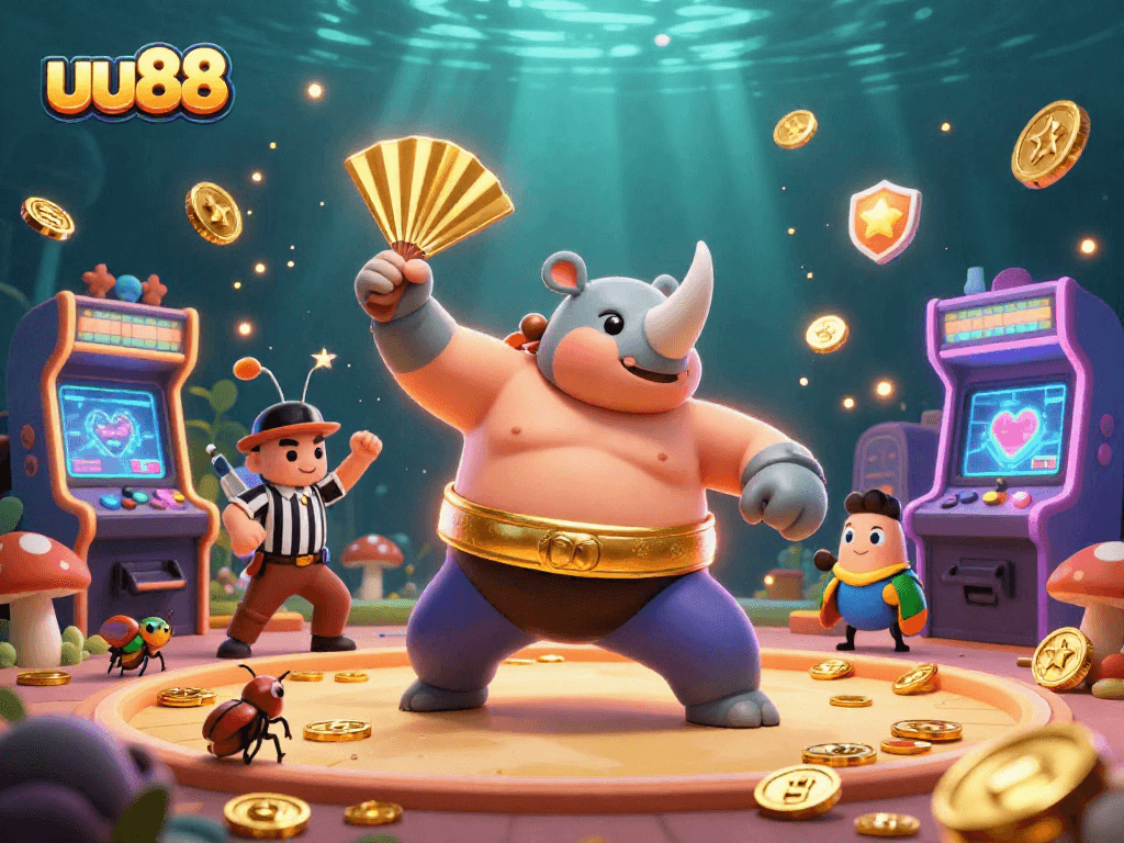 Experience the thrill of uu88 with a dynamic 3D scene of a beetle champion amidst flying coins and vibrant game elements.