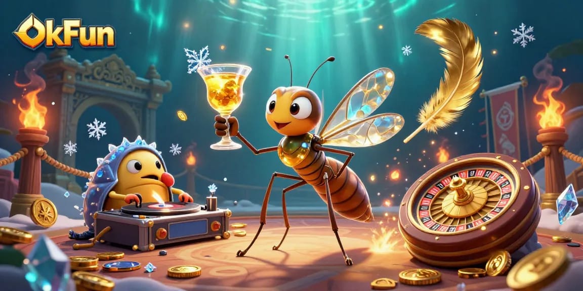 Experience the thrill of OkFun casino with a lively 3D illustration featuring unique character interactions and dynamic elements.