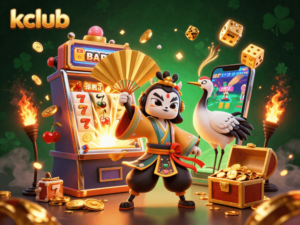 Kclub players enjoy a vibrant casino experience with a 3D kabuki warrior, slot machine, and dynamic gaming elements.