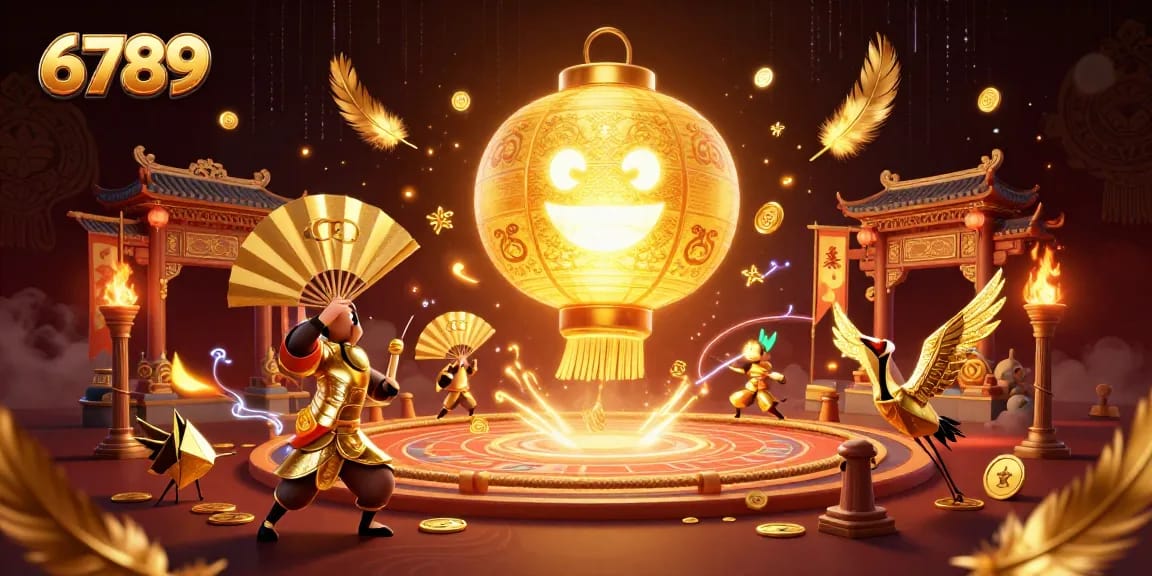 Engage in thrilling action at 6789 casino with vibrant golden motifs and lively gaming elements.