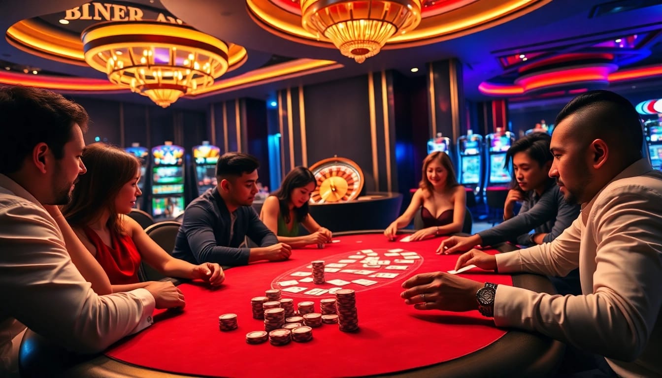 Engaging in exciting poker gameplay at https://789win.associates/, surrounded by vibrant casino ambiance.