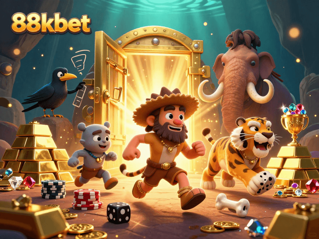 Join the thrilling adventure of 88kbet with vibrant characters in a prehistoric casino atmosphere.