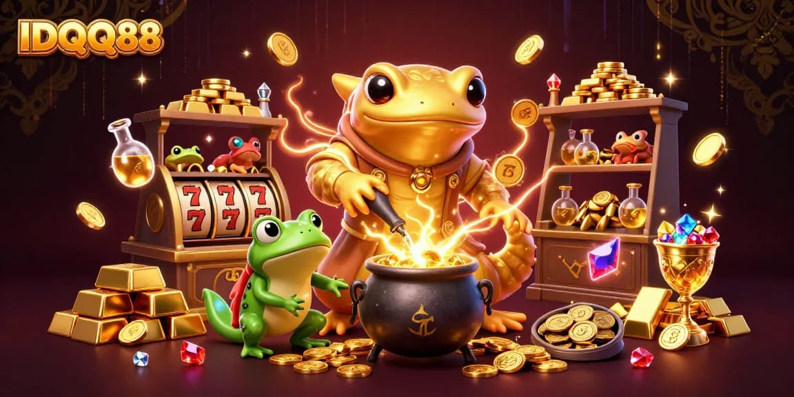 Experience the thrill of IDQQ88 with vibrant slot elements, gold coins, and enchanted characters.