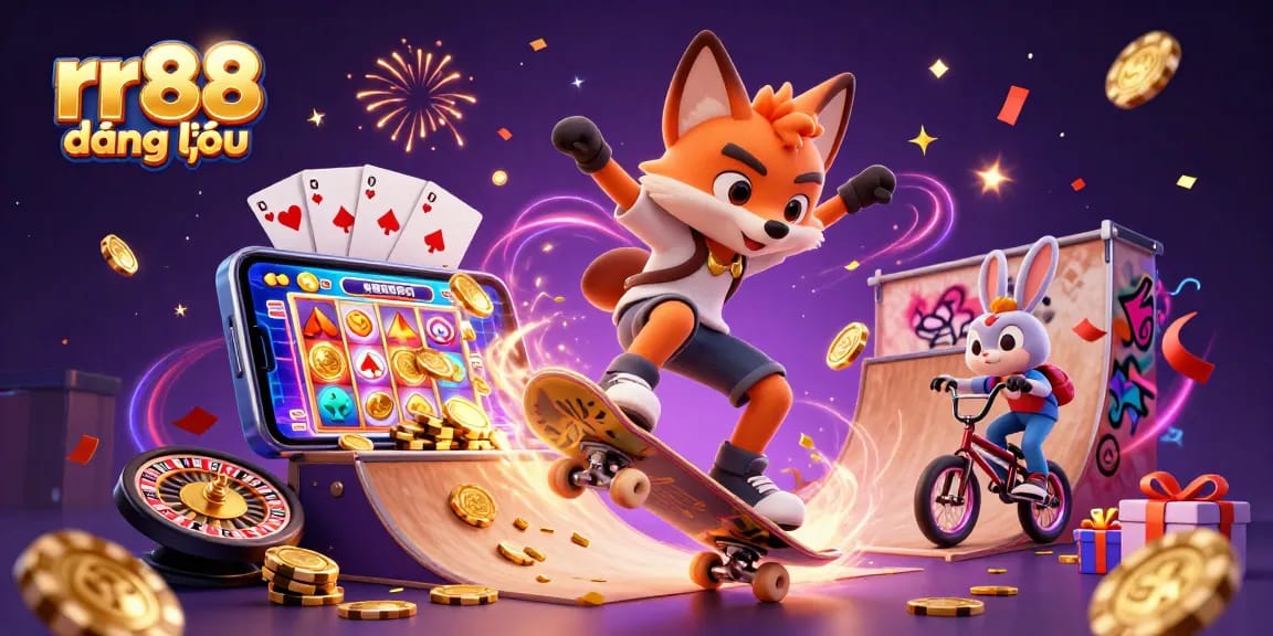 Experience rr88 đăng nhập in vibrant 3D with a fox and rabbit celebrating casino games amidst vivid symbols.