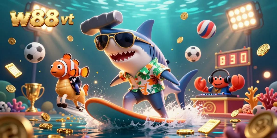Cá cược tại w88 vt với hình ảnh sinh động của cá mập mặc áo Hawaii và tiền vàng.