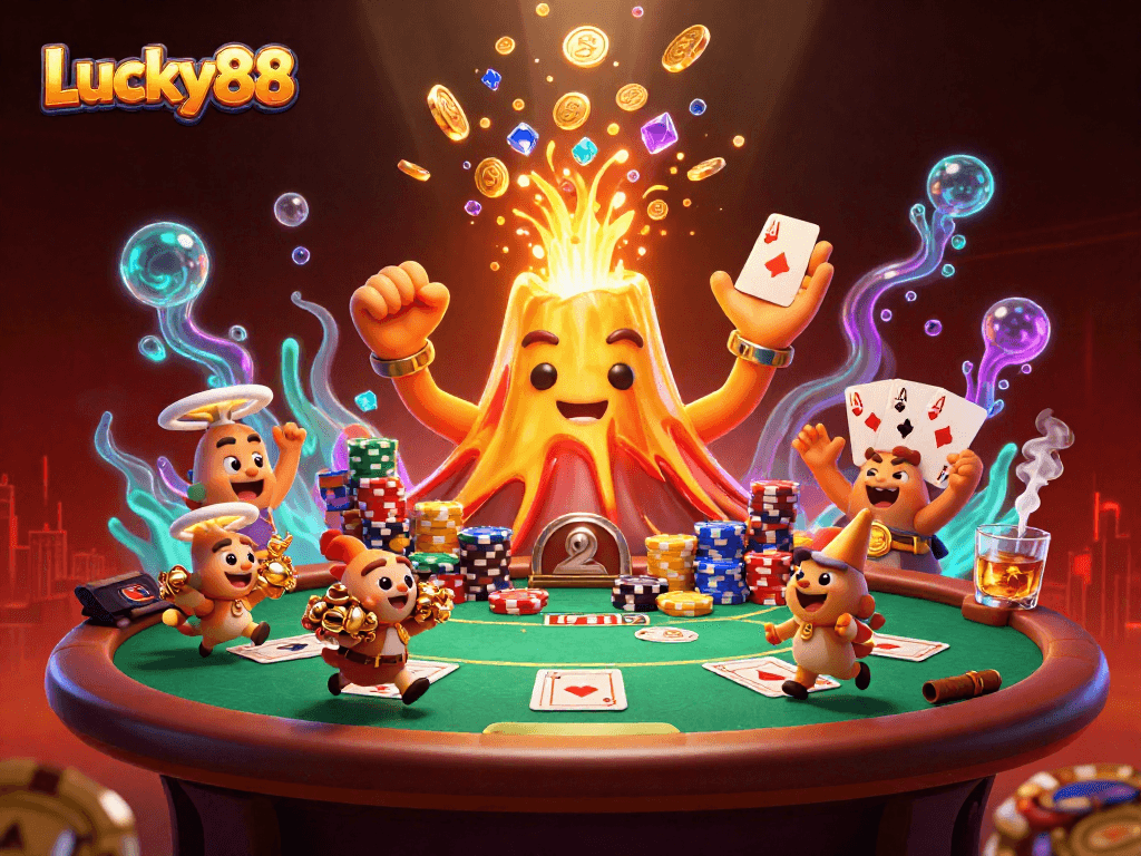 Experience thrilling wins at Lucky88 with a lively scene of a triumphant volcano and poker elements.