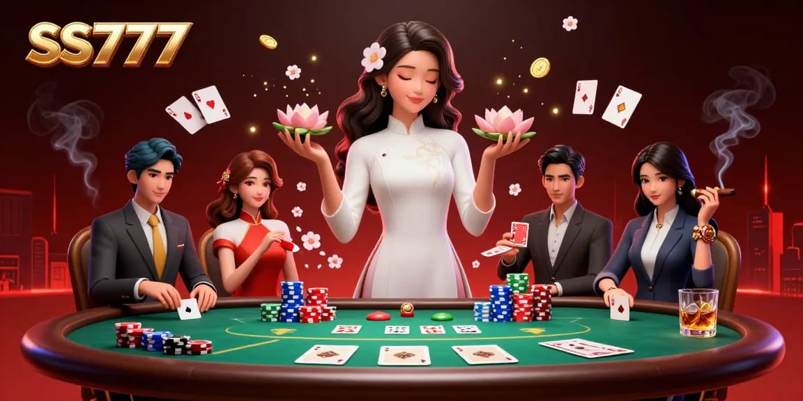 Experience SS777's dynamic gameplay with a photorealistic Asian woman depicting casino elegance amidst poker elements.