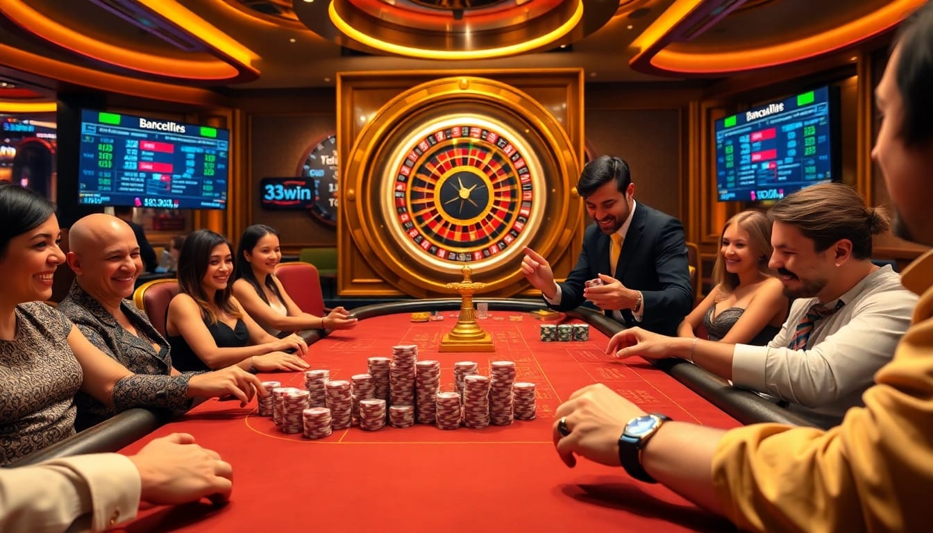 Players winning at a baccarat table in a luxurious casino setting featuring 33win gaming elements.