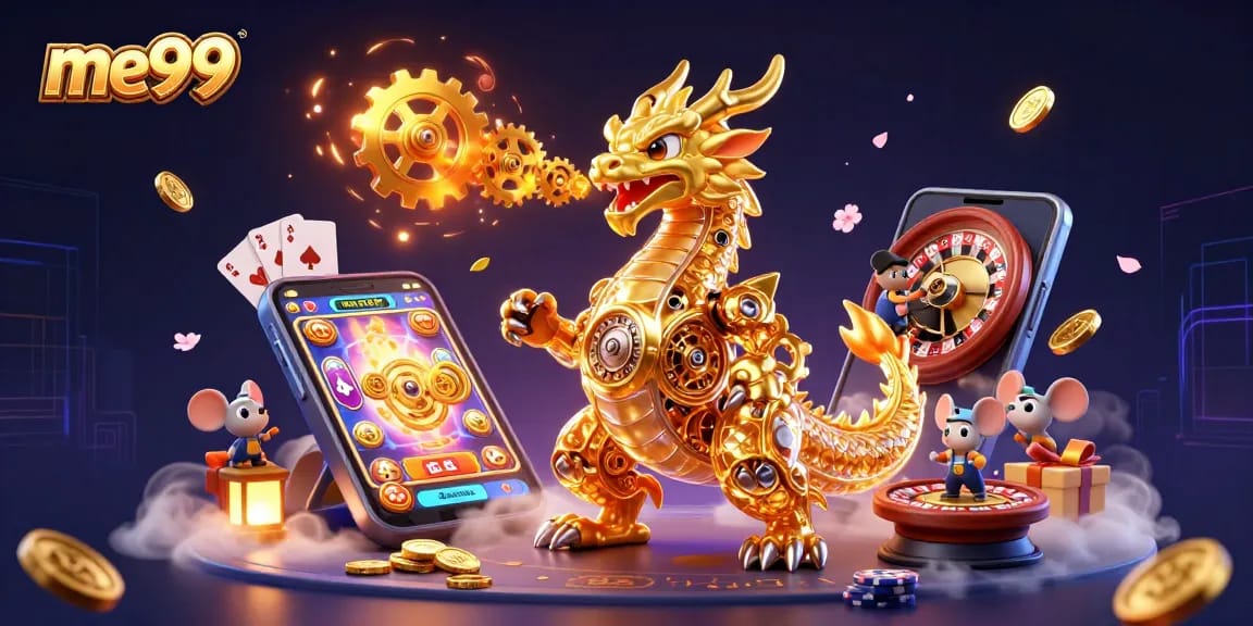 Experience the thrill of me99 with a golden dragon breathing gears amidst vibrant casino elements.
