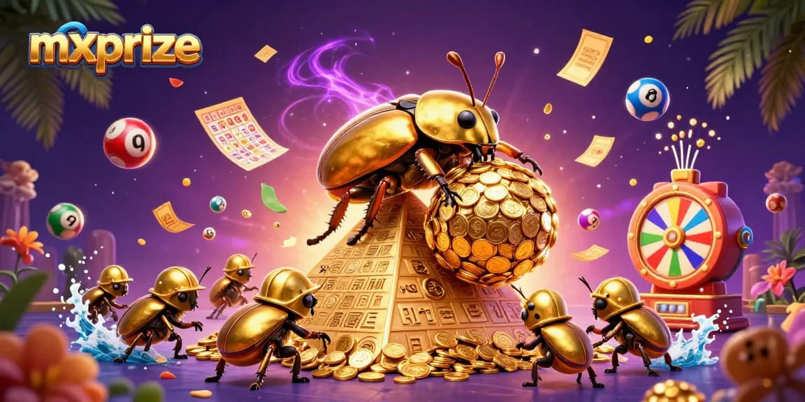 Engage with mxprize's vibrant gaming scene featuring a golden beetle and casino symbols.
