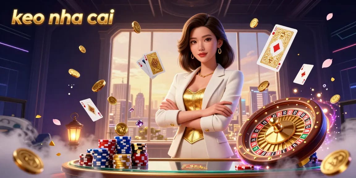 Engage with "keo nha cai" through this dynamic illustration of a powerful businesswoman in a casino setting.