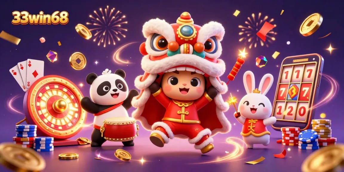 Celebrate with 33win68 as adorable characters dance amidst dazzling casino elements and festive explosions.