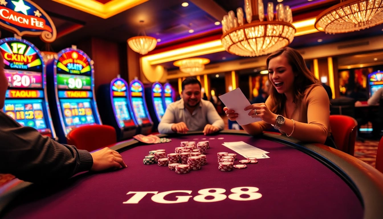 Experience the excitement of tg88 gaming with colorful chips and vibrant slot machines in an upscale casino.