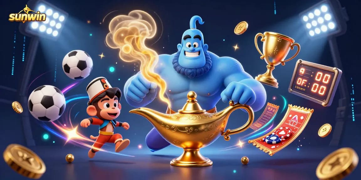 Experience sunwin’s vibrant casino energy with a blue genie and dynamic sports elements.