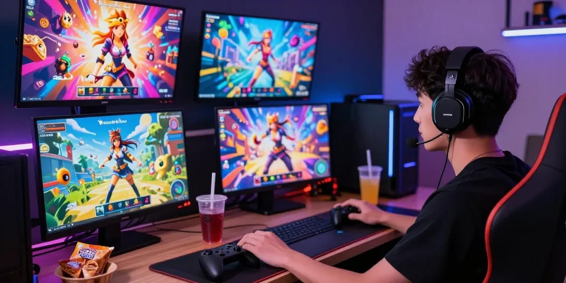 Engaging gamer enjoying immersive hentai games online with vibrant visuals.