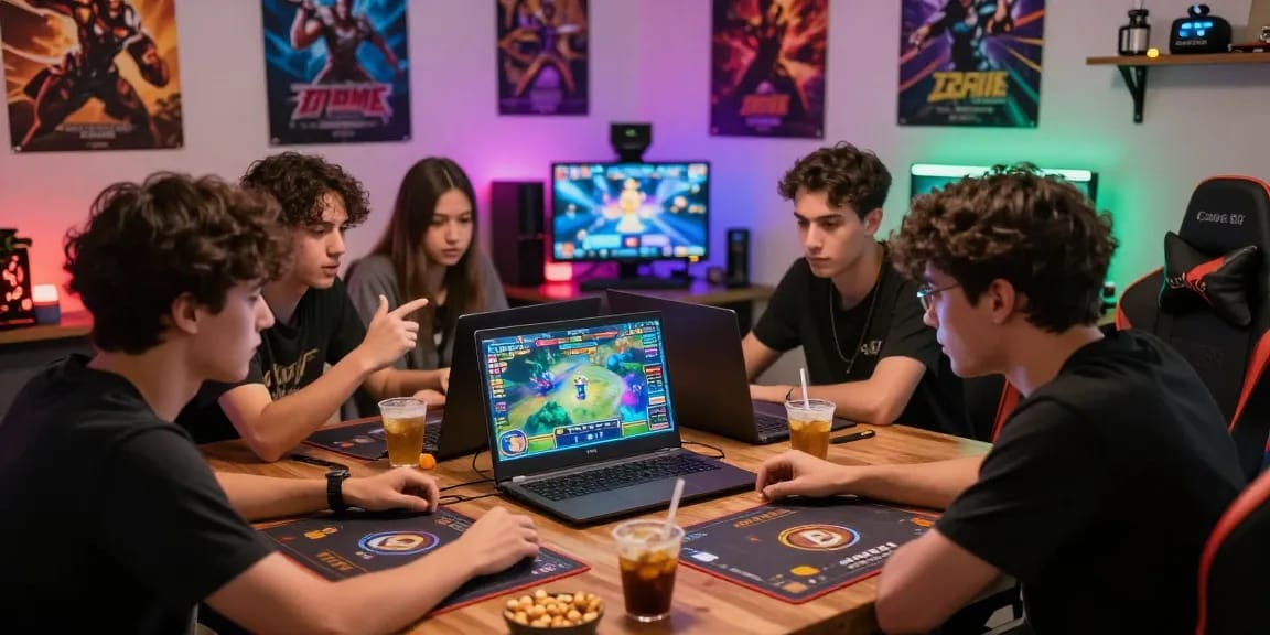 Teman-teman bermain 68 game bài dengan antusias di laptop, suasana nyaman dan penuh semangat.
