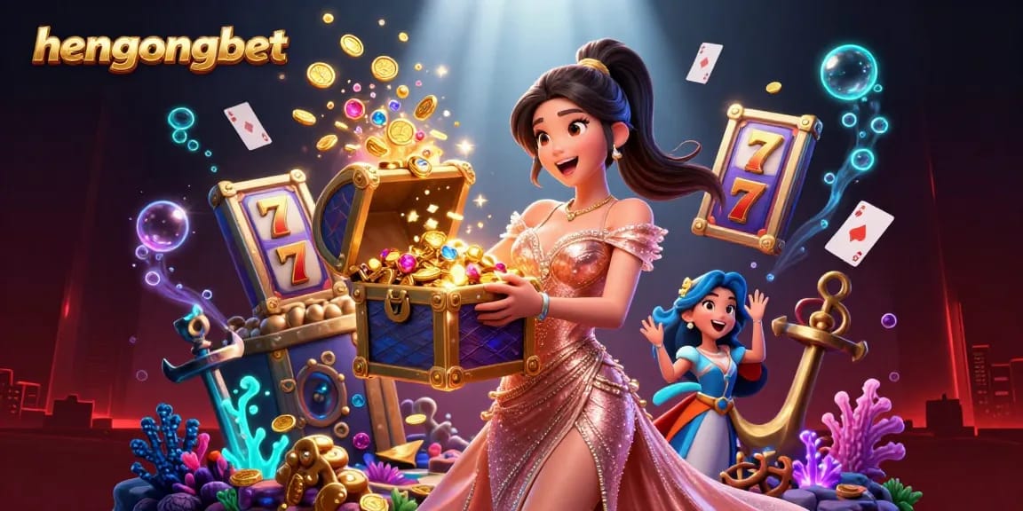 Engage in winning strategies at hengongbet, illustrated with vibrant casino themes and golden treasures.