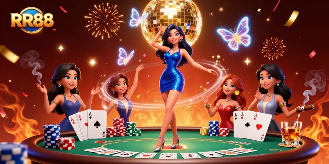 Experience thrilling gaming at RR88, with a glamorous illustration showcasing a dynamic casino scene.