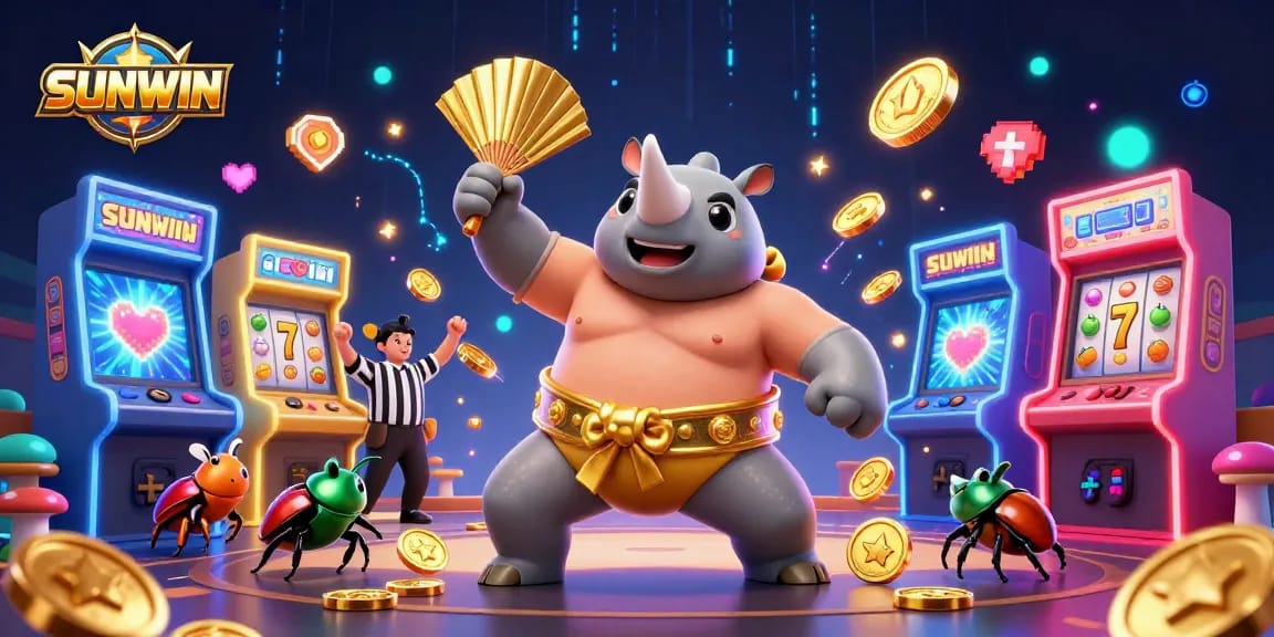 SUNWIN presents an engaging casino scene with a sumo beetle champion and slot elements, celebrating gaming fun.
