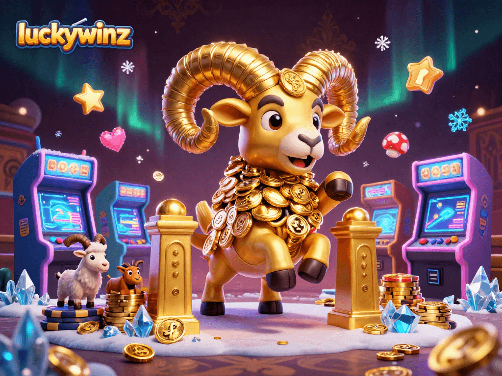 Engage with luckywinz in an electrifying casino scene featuring a golden ram, arcade elements, and sparkling details.
