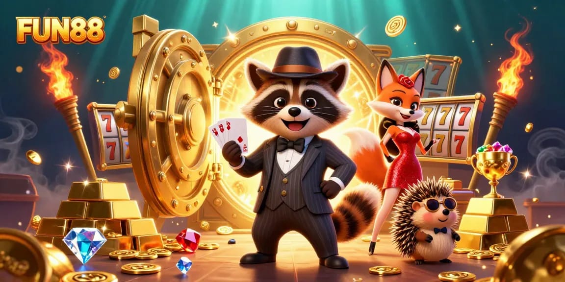 Experience FUN88 with vibrant casino characters amidst a dazzling treasure scene filled with jackpots and excitement.