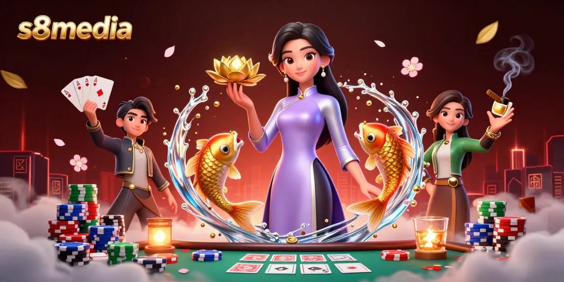Experience excitement at s8media with a vibrant 3D casino scene featuring an elegant Asian woman and dynamic gaming elements.