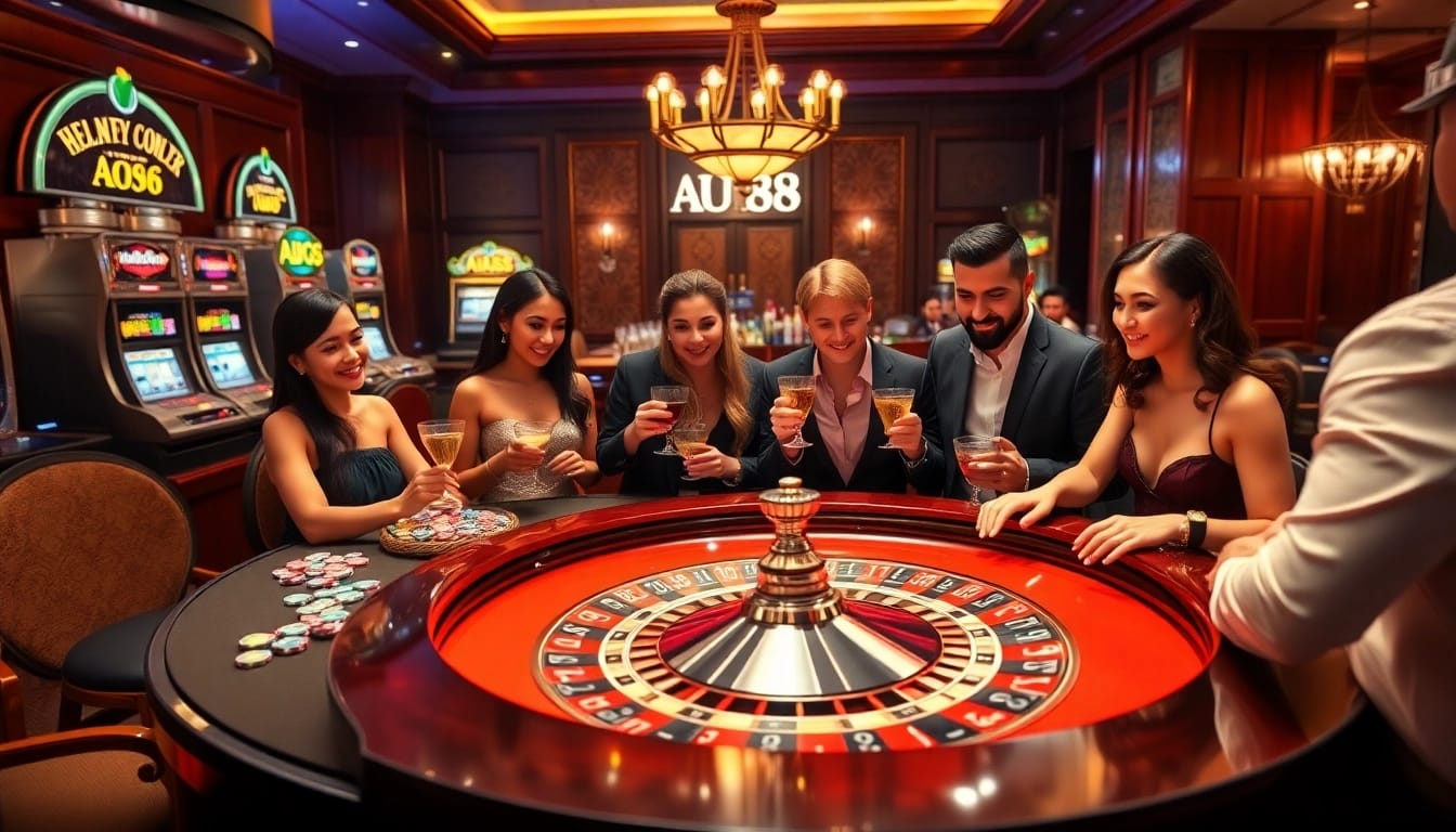 Experience the thrill of AU88 at a luxurious casino table with excited players and vibrant roulette wheel.